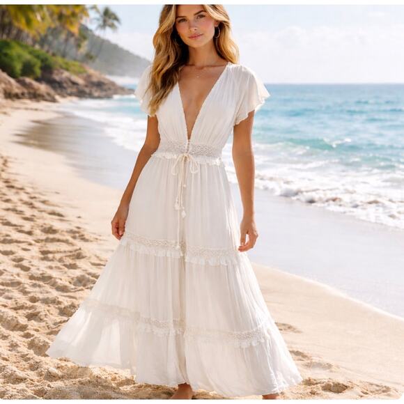 MABLE Dresses & Skirts - MABLE Crochet Lace Tiered Maxi Dress Womens S/M Ivory Beach Bride Boho Flowy NEW